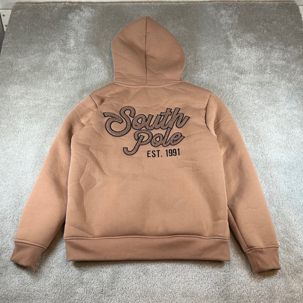 VTG Y2K Southpole Zip Up Hoodie Mens Large Tan Sherpa Lined Embroidered Logo 90s